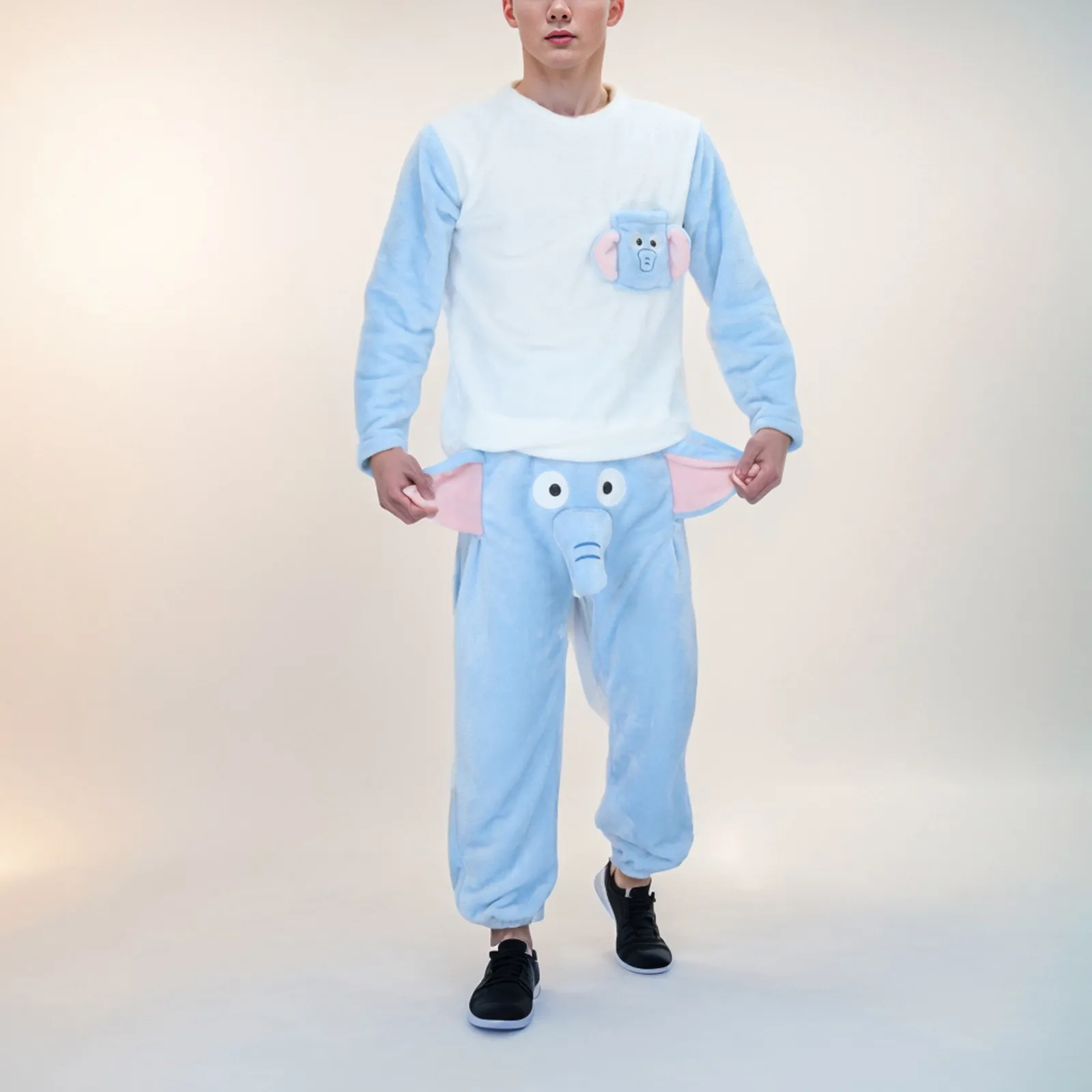 Funny Elephant Men Pajama Sleepwear Novelty Humorous Tops+Pants Two Piece Set Gift For Men Winter Warm Thickened Homewear