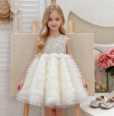 New fashionable summer girls' fluffy princess dress sleeveless sequined cake dress birthday party multi-layer dress