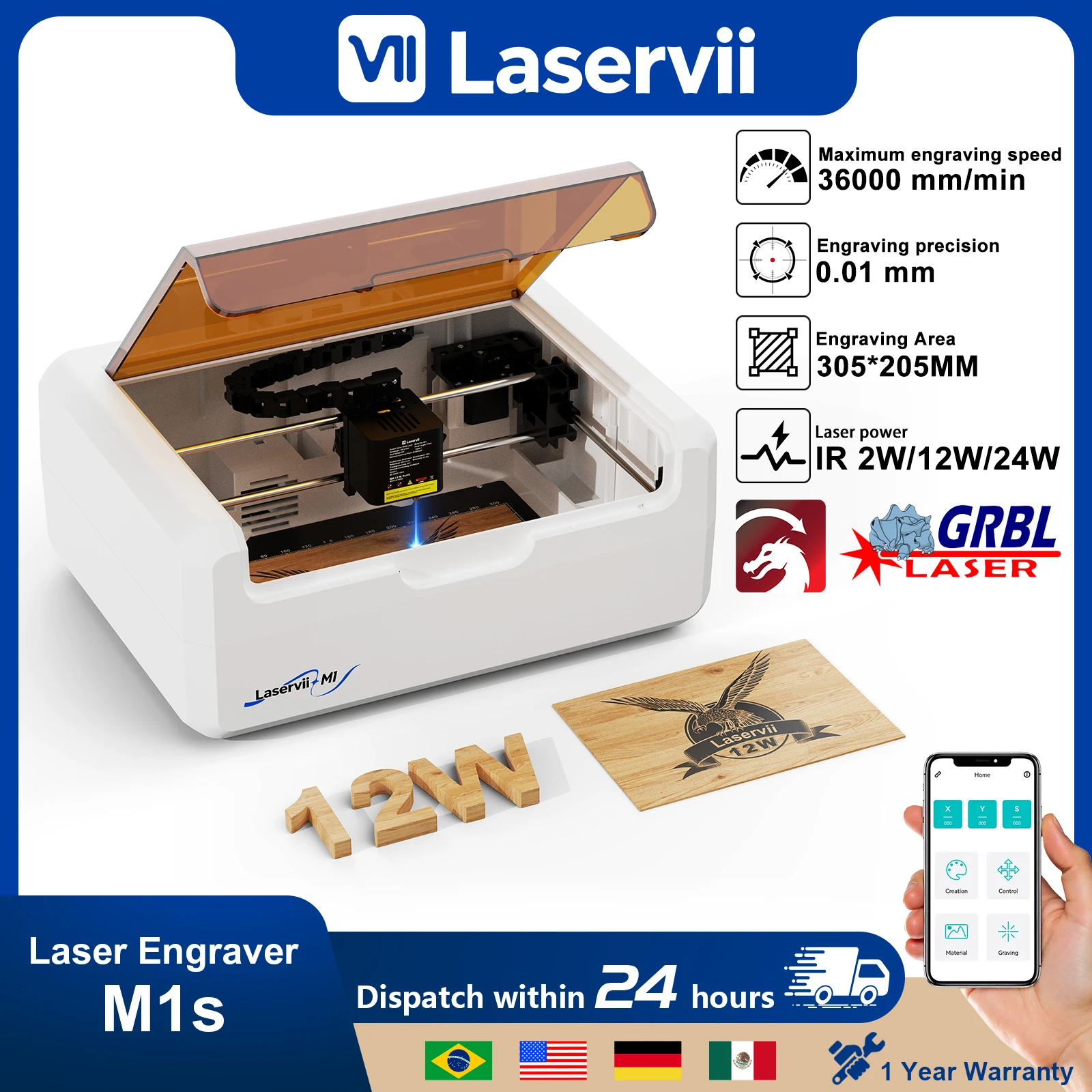 Machine de découpe laser de bureau sécurisée laservii 7W/12W/IR 2W, graveur laser encastré pour bois, acrylique, cuir, MDF, bricolage