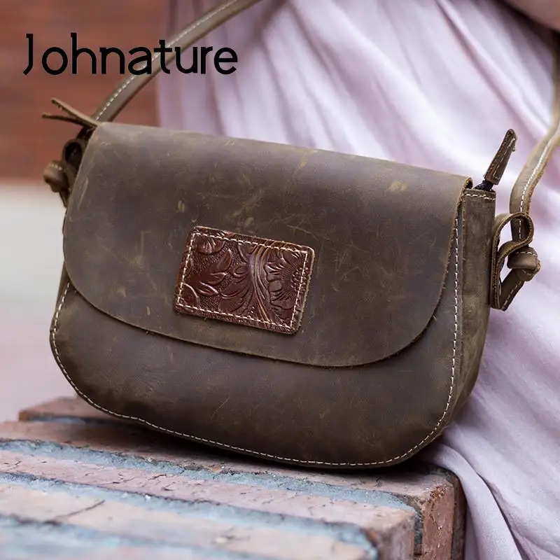 Johnature Genuine Leather Retro Women Bag 2024 New Versatile Natural Real Cowhide Solid Color Simple Shoulder & Crossbody Bags