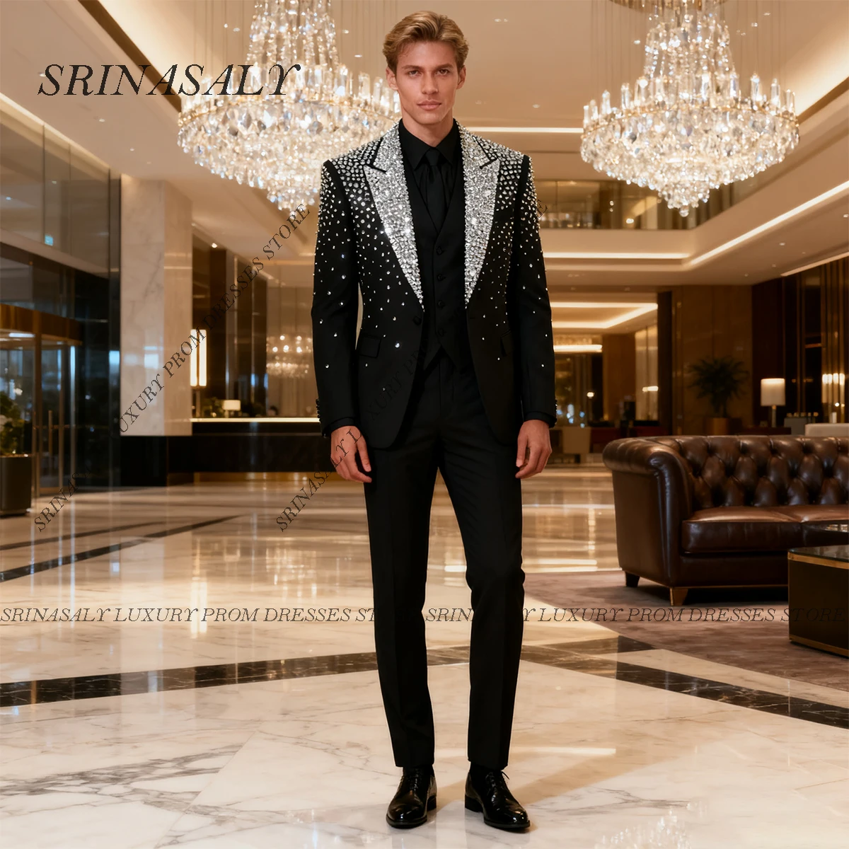 

Customized Glitter Metal Embellished Men Suit Jacquard Groom Tuxedo With Belt 2 Piece Sets Groom Blazer Male Crystal Ropa Hombre