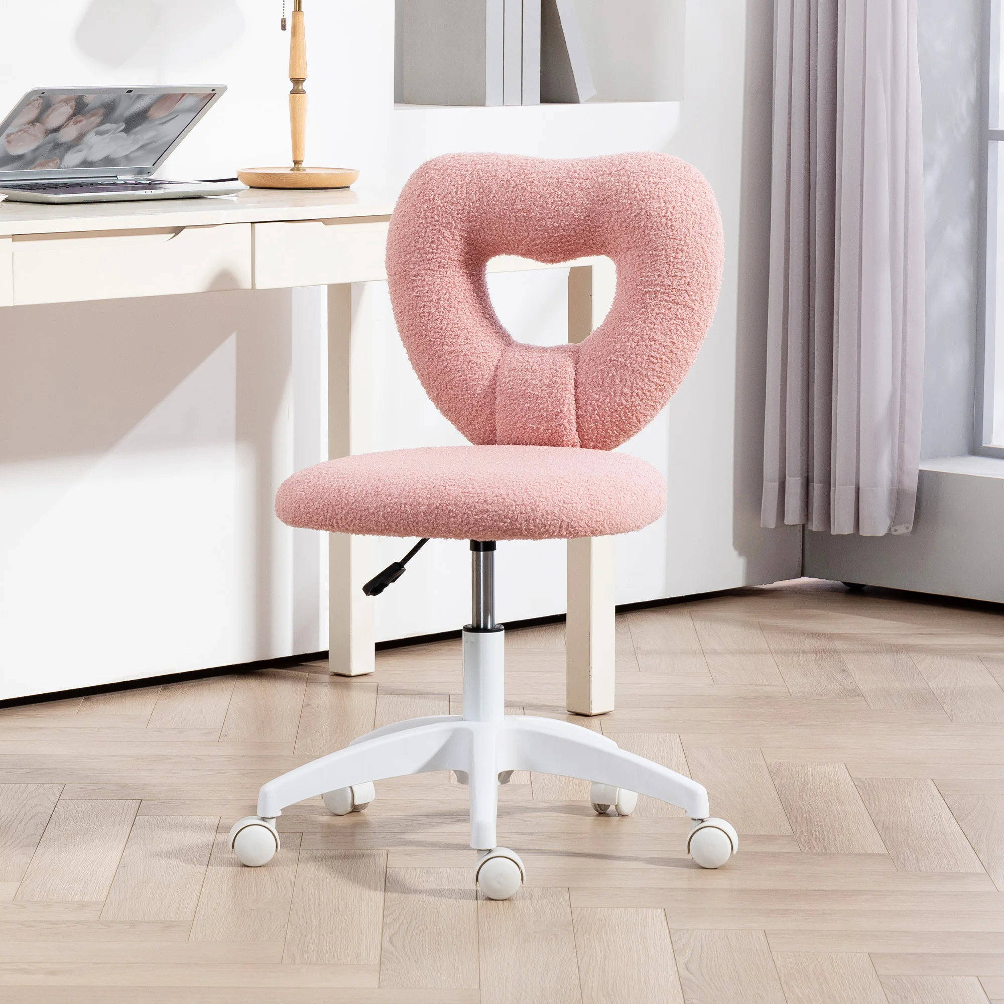 Armless 电脑桌椅, Office Task Chair, Teddy Fleece Heart Makeup Vanity Chair with Swivel Wheels, Pink