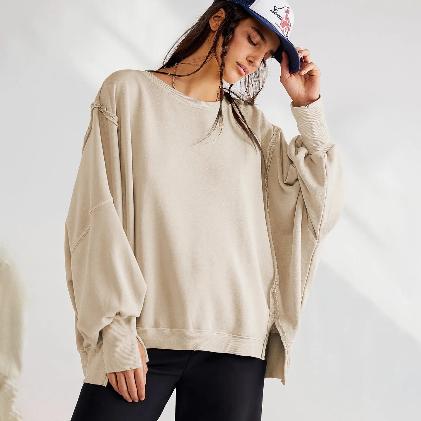 JHJN sport sweat à capuche pour femme col rond couleur unie sweat américain rétro survêtement ligne lumineuse décoration à capuche à manches longues hauts