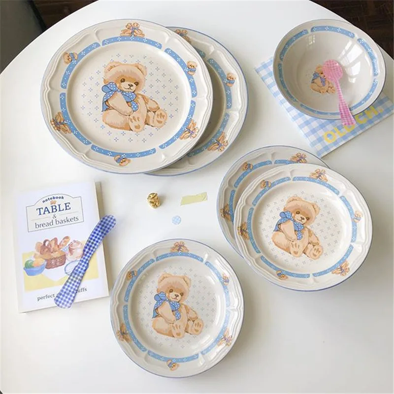 Korean Ins Bear Ceramic Plate Creative Household Dish Breakfast Cake Snack Dinner Set s and Dishes