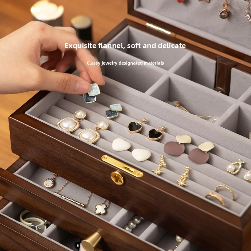 Caja de almacenamiento de joyas de madera con cerradura, joyero premium retro de gran capacidad, regalo de boda, joyero de oro.