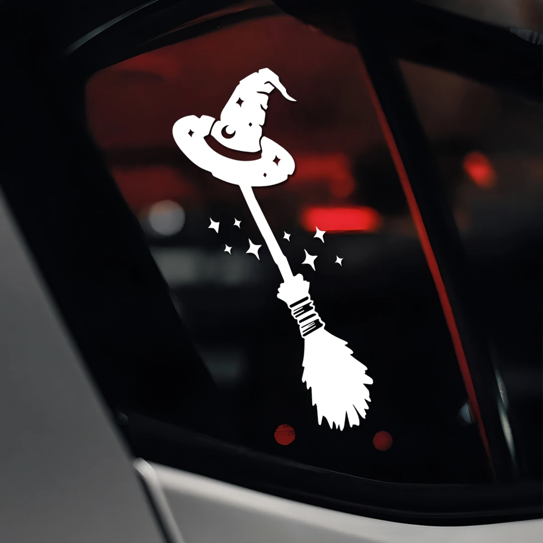 Fun magic broomstick vinyl decal car window decoration, car latte art, motorcycle personality sticker