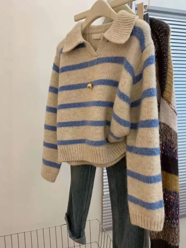 

Синий полосатый свитер Ne, женский осенне-зимний новый ленивый мягкий дизайн, трикотажная одежда, внутренняя и внешняя мода для поездок на работу