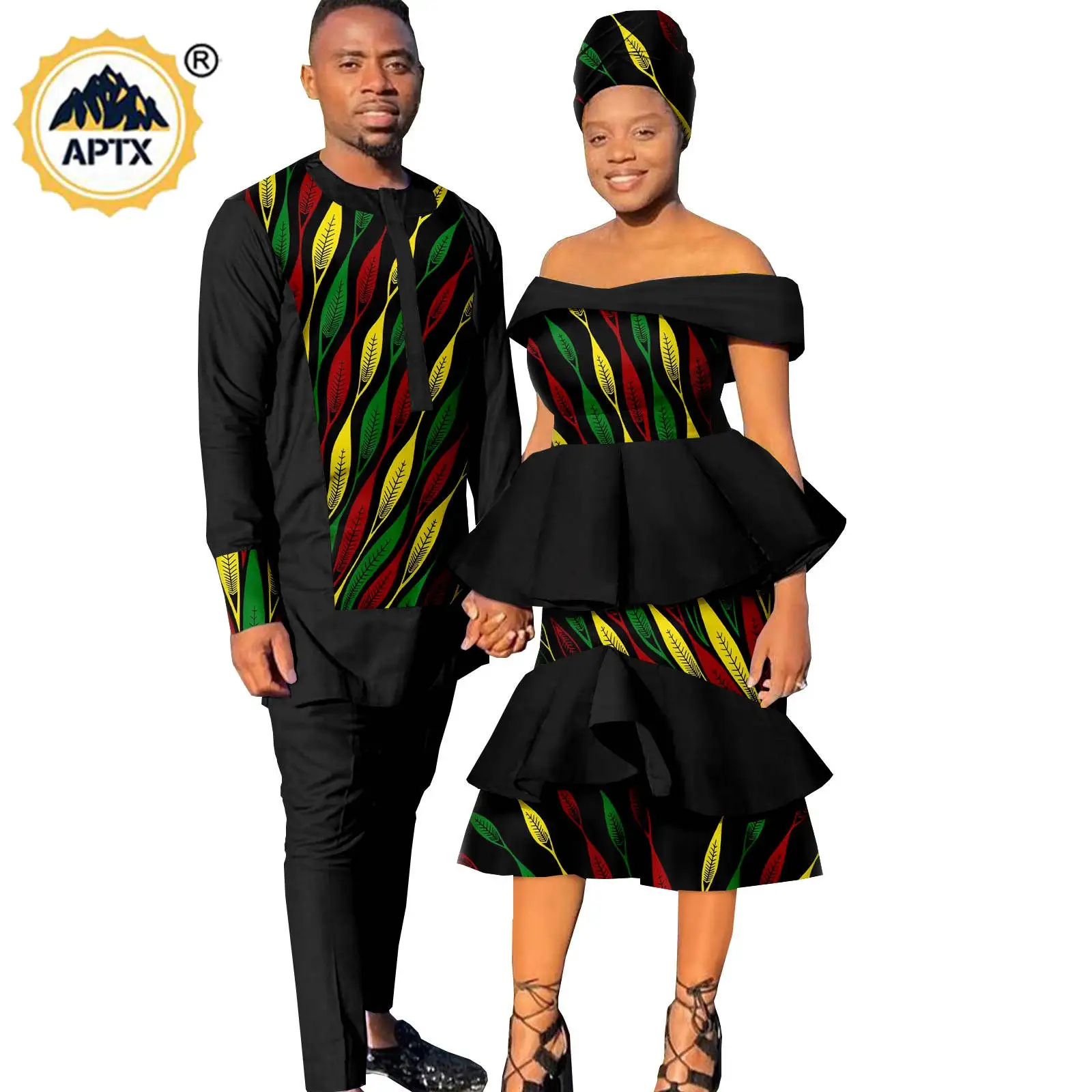 

African Couples Clothes,Ankara Print Ruffles Dresses for Women,Matching Men Outfits,Dashiki Shirt and Pants Sets,Kaftan Y22C027