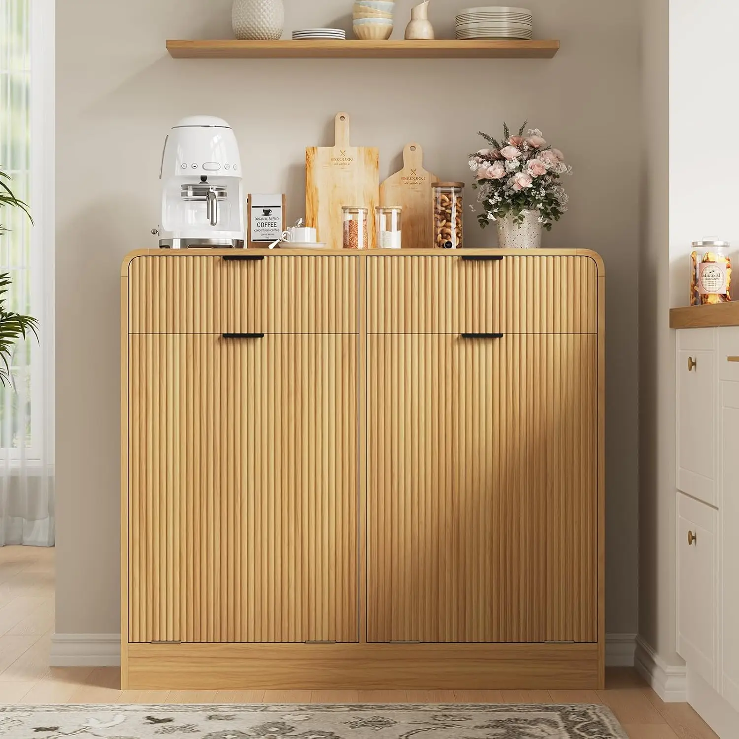 Tilt-Out Trash Cabinet With Drawers, Fluted Laundry Hamper, Pet Proof Hidden Garbage Bin For Kitchen & Living, Customized