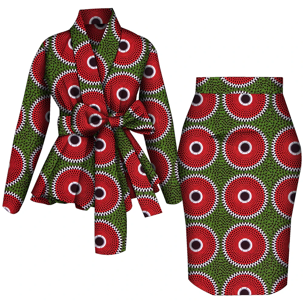 African Women Top and Skirt Set Long Sleeve Lady Skirts Set  Ankara Print Suits Custom Party Clothing Cotton Wy10871