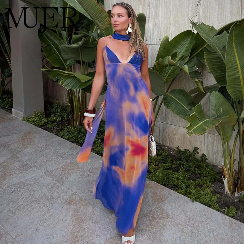 MUJER Tie Dye Lange Kleider für Frauen Schal Neckholder Maxikleid Frau Sexy Rückenfreie Abendkleider Damen Neues Urlaubskleid Damen