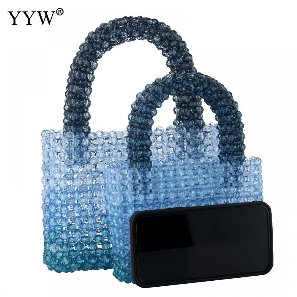 YYW Women Acrylic Purse Mini Beaded Evening Handbags Handmade Gradient Transparent Blue Beads Tote Bags For Wedding/Beach/Party