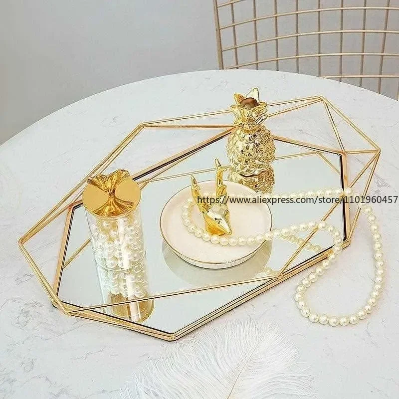

European Glass Metal Kitchen Storage Tray Gold Oval Dotted Fruit Plate Freezing Jewelry Display Rotary Candy Decor Tray Mirror