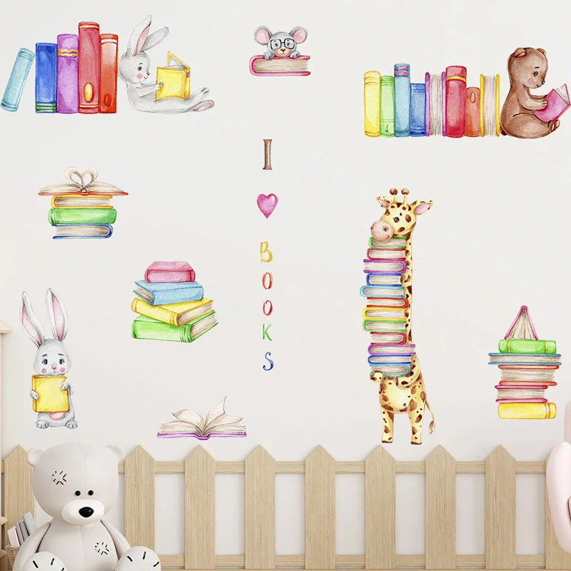 Giraffa Bear Rabbit Wall Stickers Essential Cartoon Animal Reading Patterns per camerette per bambini che fanno cadere i bambini in amore