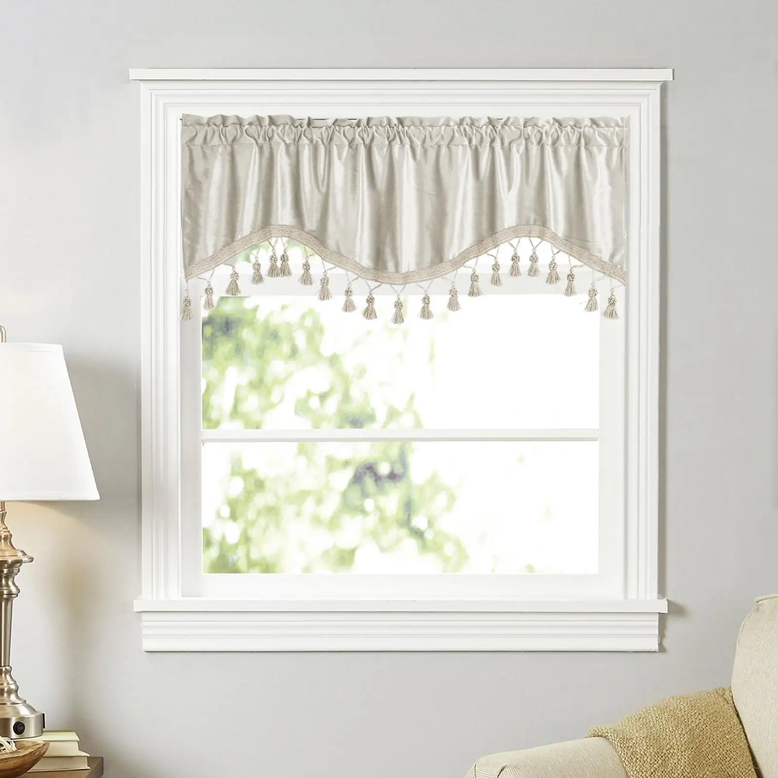 

Kitchen Curtains Valance with Tassel Breathable Rod Pocket Curtain for Basement