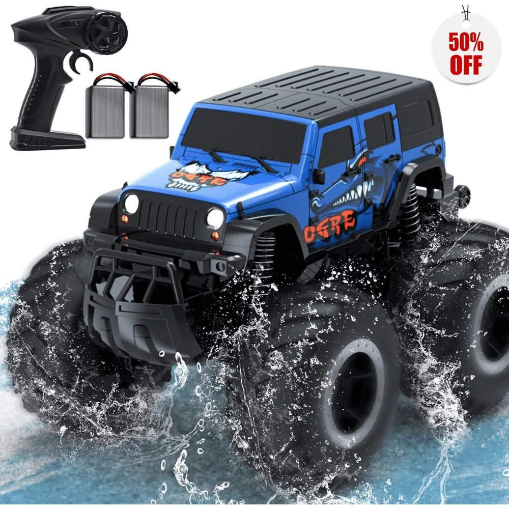 1:16 RC Monster Truck, Amphibious Remote Control Car Toys for Kids, Kids Pool Toys Remote Control Boat Gifts for Boys-Blue