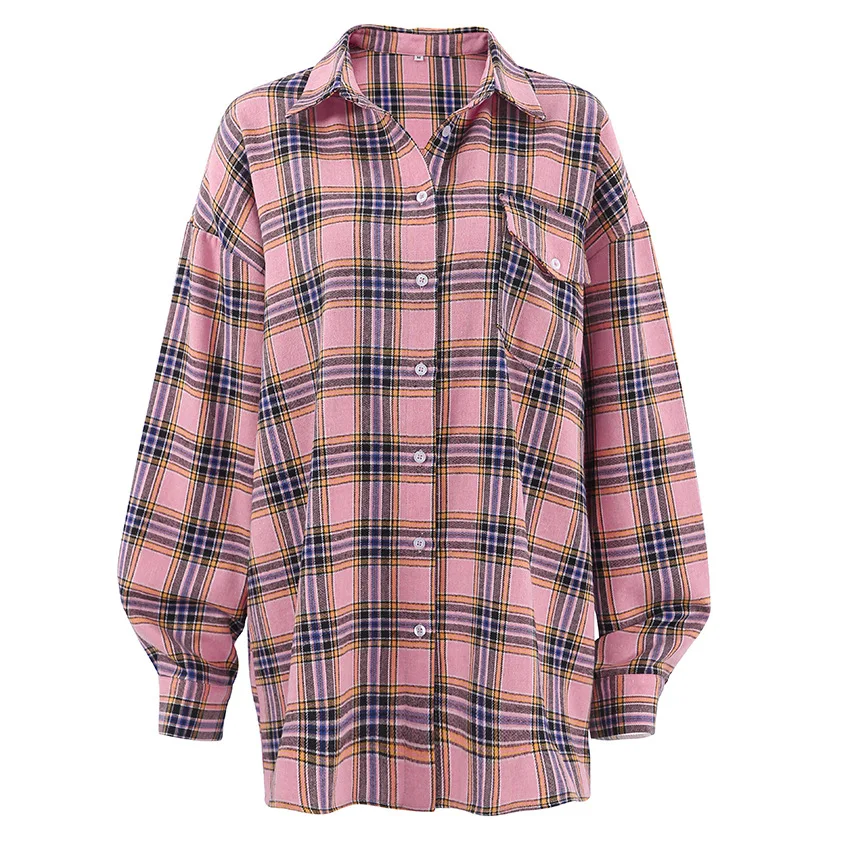 Vintage American Classic Plaid Shirt for Women Spring Summer New Trendy Streetwear Pink Plaid Top Loose Long Sleeve Blouse