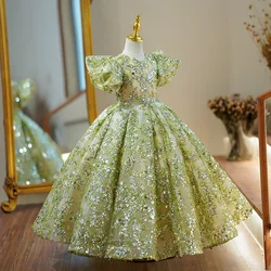 Little Girls Pageant Maxi Dresses Elegant Luxury Ball Gowns for Weddings and Party Formal Kids Matcha Green Evening Long Dress