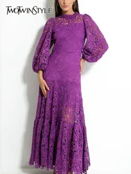 TWOTWINSTYLE vestido holado bordado para mujeres cuello redondo manga linterna cintura alta vestidos minimalistas moda femenina nuevo