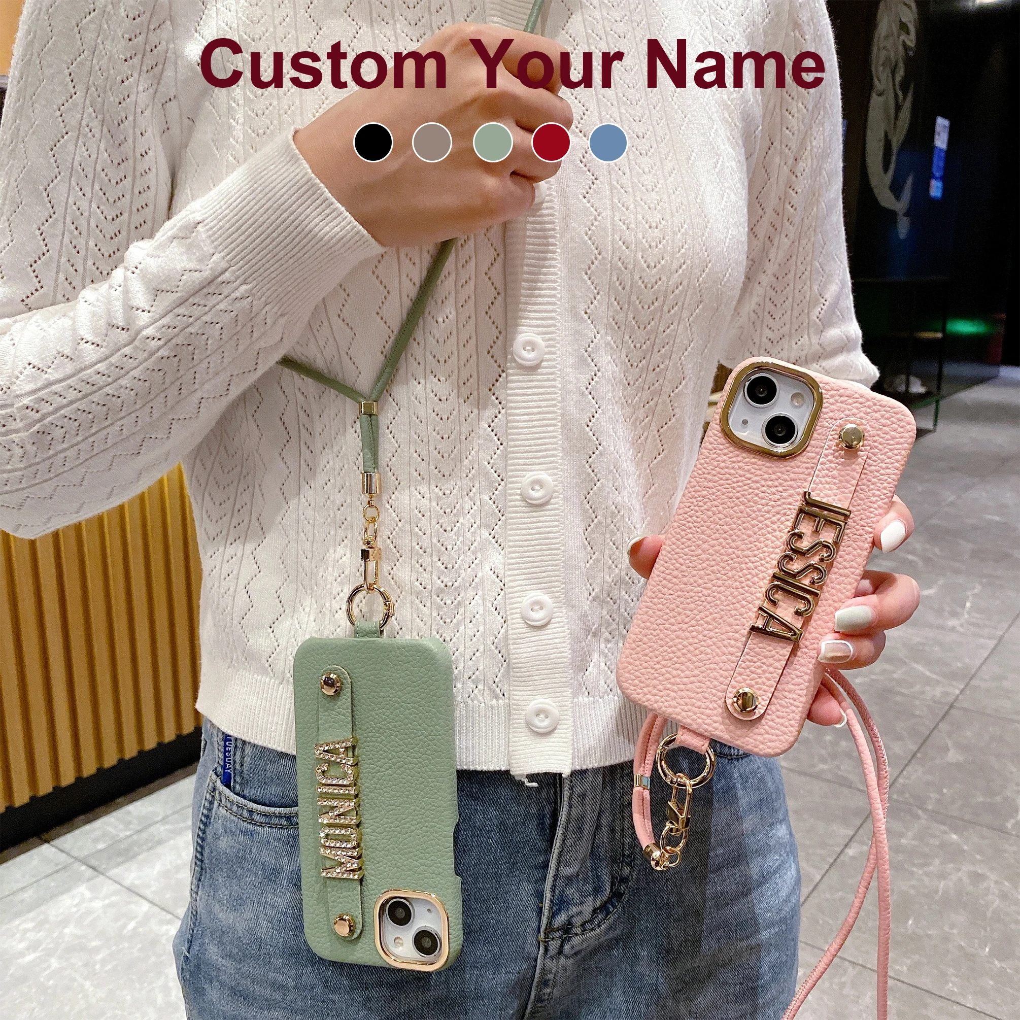 Customized Phone Case with Letters DIY Own Name Pebbled Leather Crossbody Lanyard iPhone 14Pro Max Plus