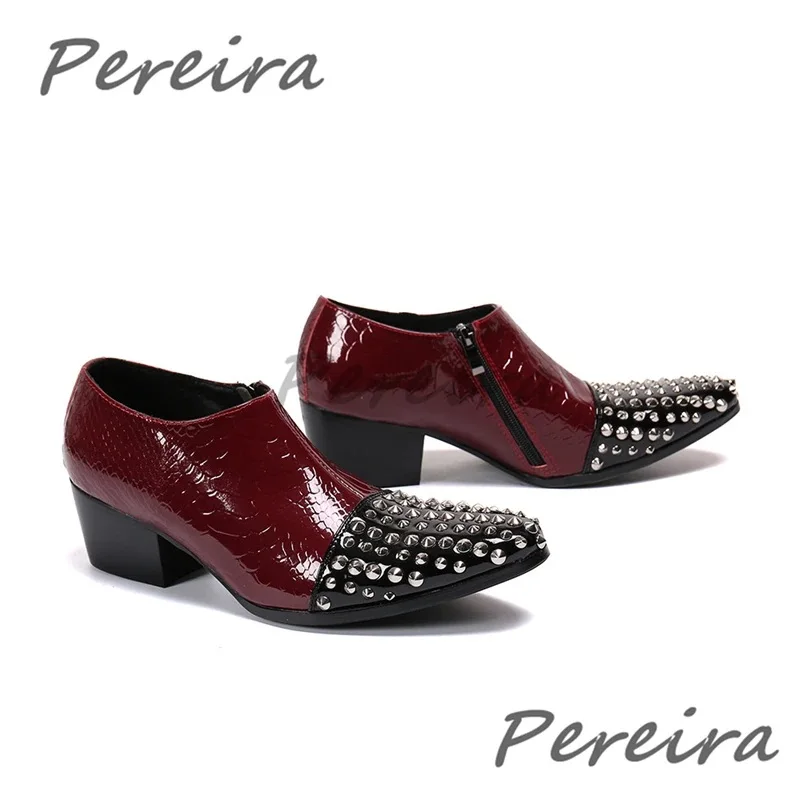 Men's Patent Leather Rivets Business Dress Shoes Fashion Pointy Toe Side Zipper 8CM High Heels Loafers Trend Party Wedding Shoes