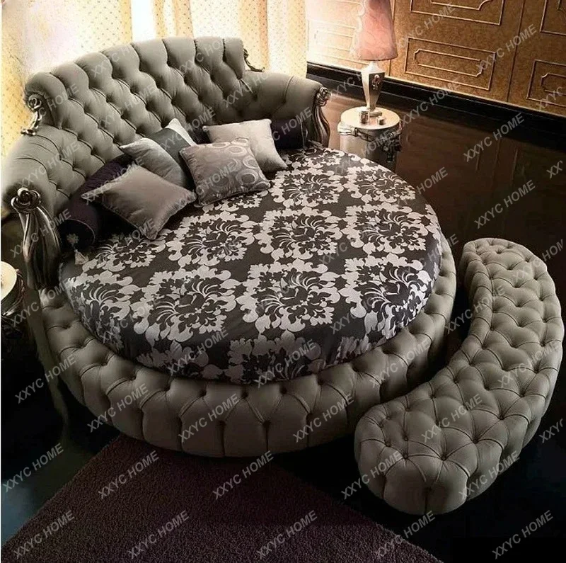 A European-Style Fabric Solid Wood New Classical Carving Fashion Double Bed