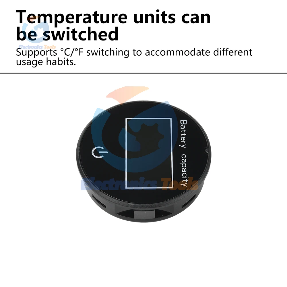 JS-T6 DC10-100V 円形 LCD デジタルバッテリーテスター 電圧と充電レベル表示 複数のアラーム機能 バッテリーインジケーター