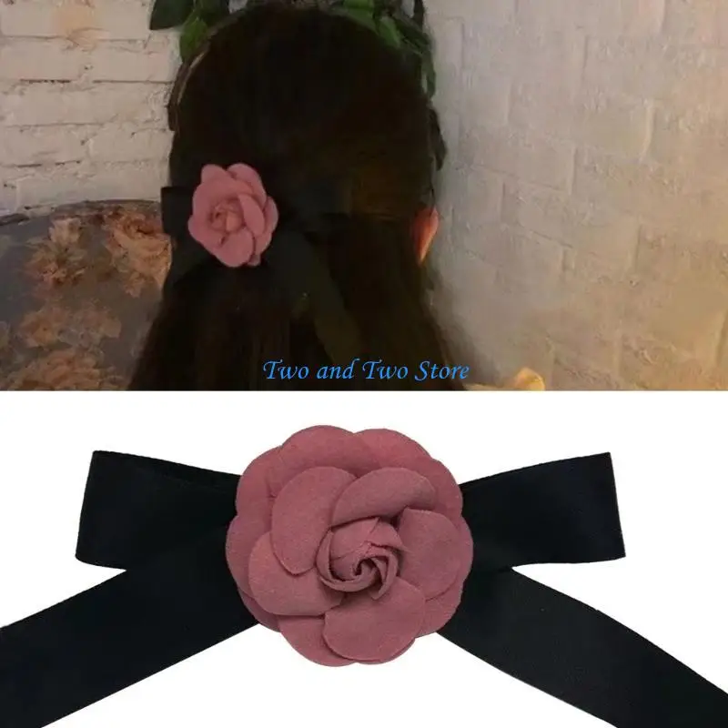 

HX6F Delicate Camellia Bowknot Detail Hair Clip Lovely Women Hair Barrette Must-Have Accessory French Fashion Hairpin