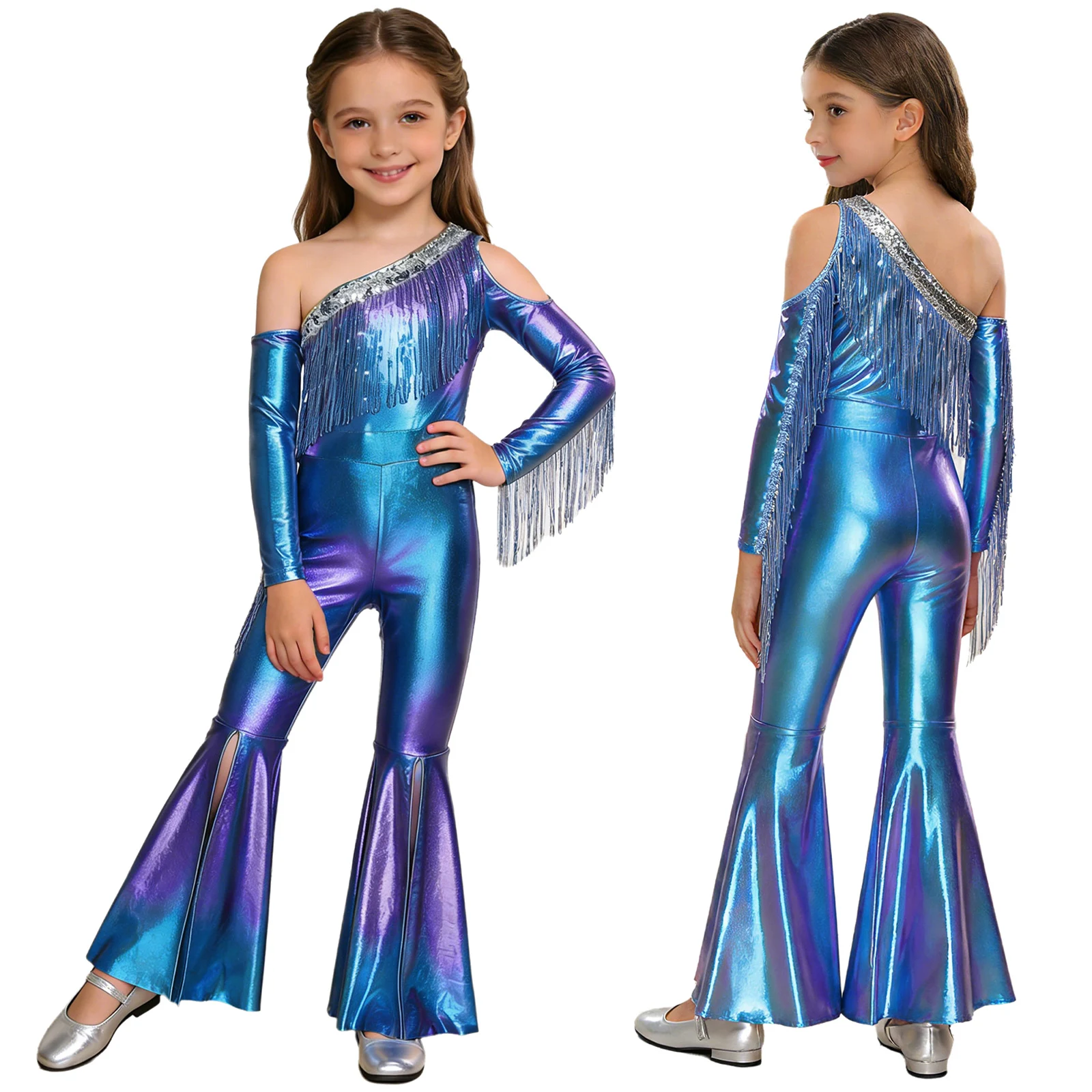 Kids Girls Metallic Shiny Dance Jumpsuit Off Shoulder Long Sleeve Sequin Tassel Slit Bell Bottom Legs Jumpsuit