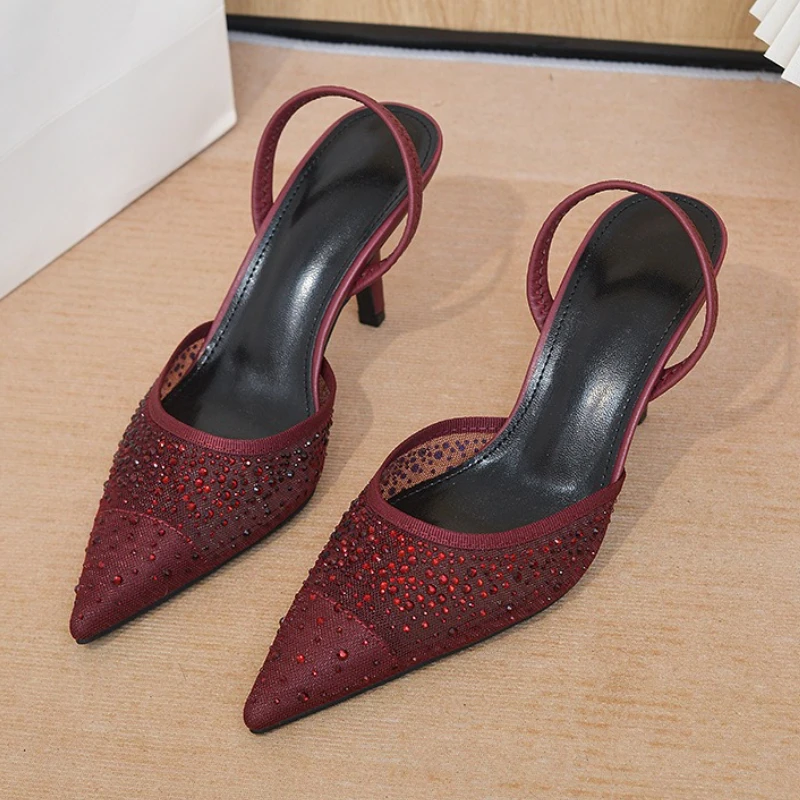

Роскошные дизайнерские блестящие босоножки на каблуке со стразами, женские пикантные сетчатые туфли с острым носком на пятке, элегантные вечерние модельные туфли на тонком высоком каблуке