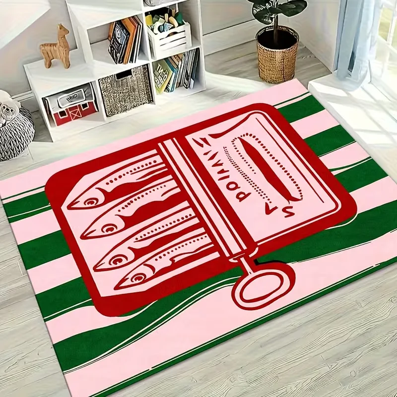 Alfombra de Entrada con Ilustración de Lata de Sardinas Vintage, Alfombra de Piso de Estilo Náutico Retro a Rayas, Alfombra de Entrada Suave Antideslizante para Puerta Principal y Cocina
