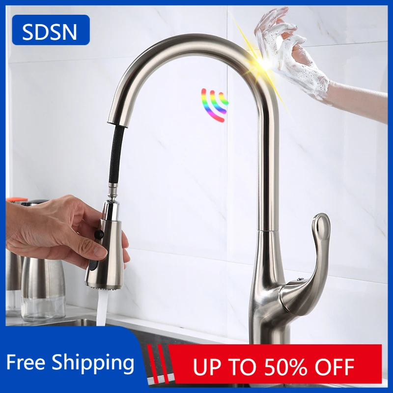 

Brushed Nickel Touch on Kitchen Faucet Quality Brass Hot Cold Pull Out Kitchen Sink Mixer Tap Smart Sensor Touch Kitchen Faucets
