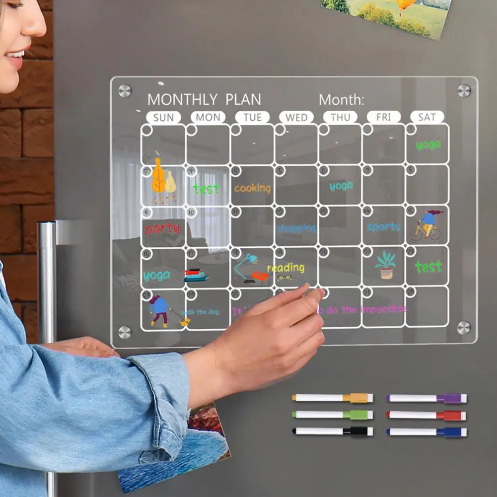 Papan tulis magnetik dengan 6 spidol berwarna kalender magnet papan tulis kulkas hapus kering akrilik keluarga bulanan Mingguan