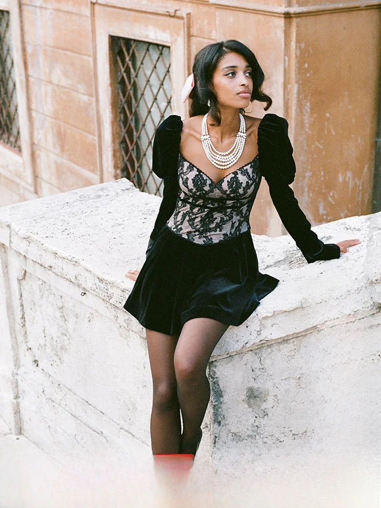 Ele NanaJacqueline Velvet Lace Dr Women's Brand New Fibone Waist Cinching ort Skirt Bubble Sve Long Sve Dr