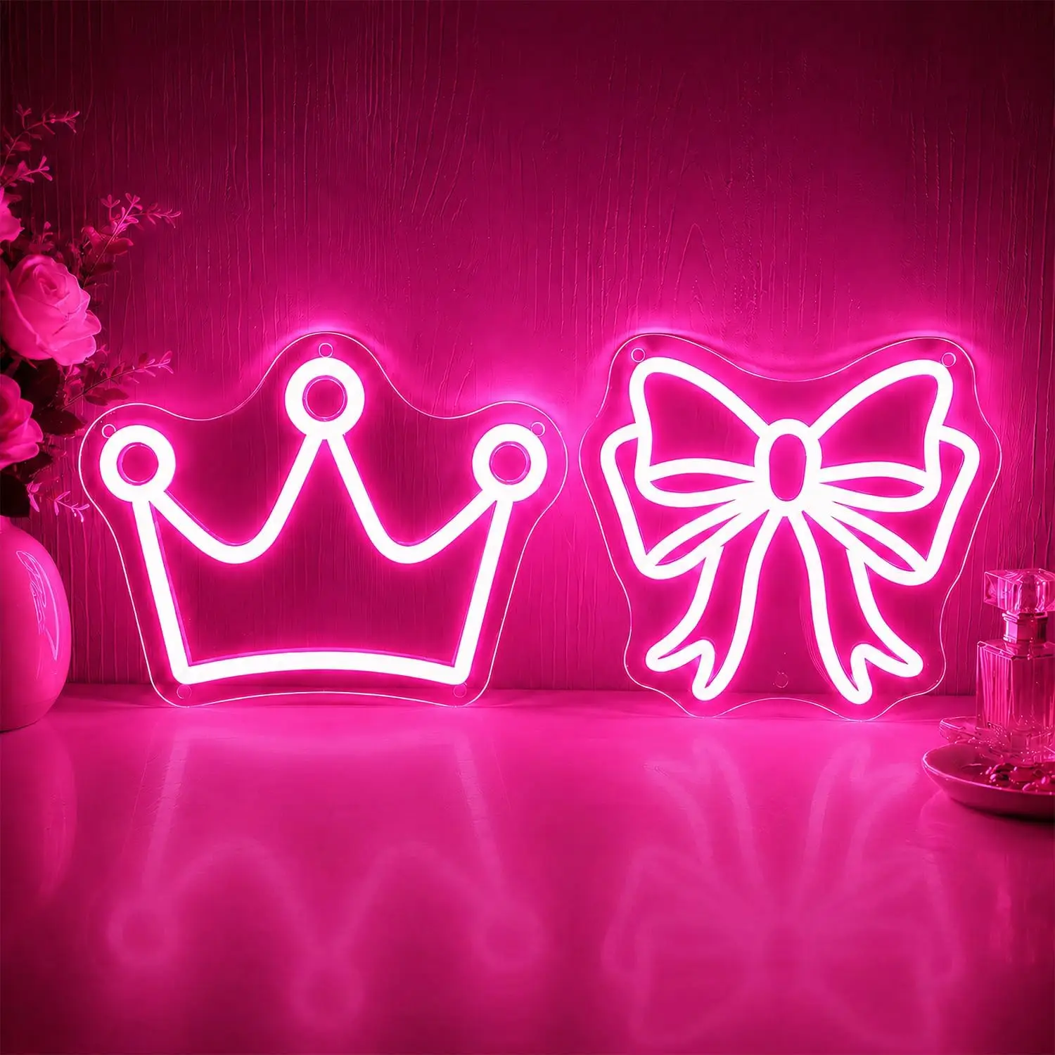 2Pcs Crown Bow Neon Sign Pink LED Coquette Princess Bowknot Wall Light for Girls Bedroom Birthday Party Wedding Decor Gift