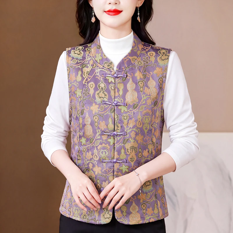 New 2026 Autumn Chinese National Style Jacket Women's Outerwear Fashion Stand Collar Buttoned Vest Traditional Polyester Fiber