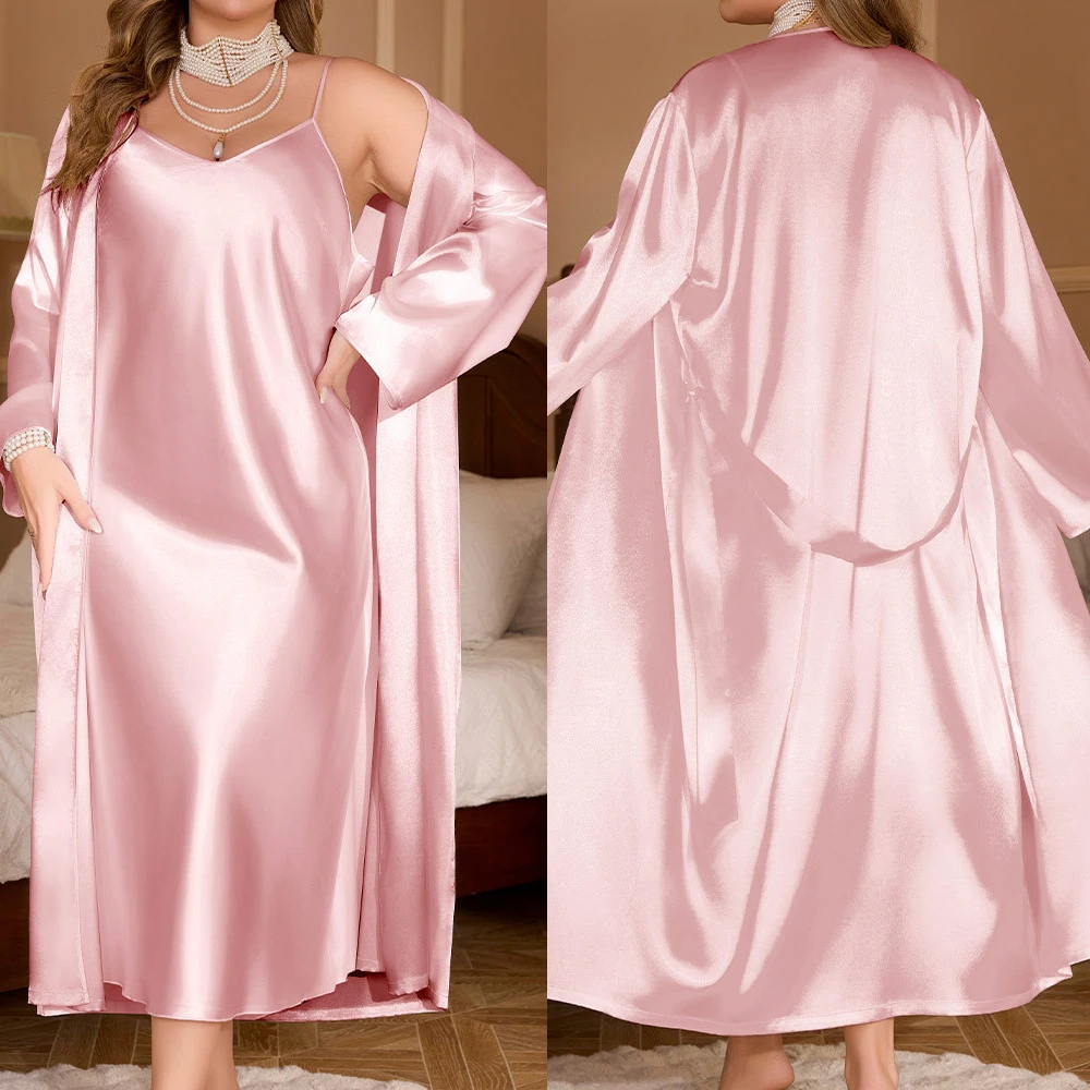 

Silky Satin Wedding Robe Set Spring Summer New Plus Size Female Sleepwear Long Kimono Dressing Bathrobe Gown Loose Home Clothes