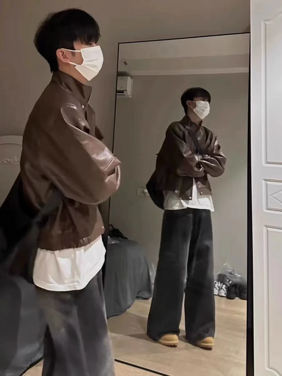 

Retro Hong Kong Sle Coffee Brown PU Leather Jaet ort Padded oulder Motorcycle Jaet Men's Spring Autumn Loose Long S...