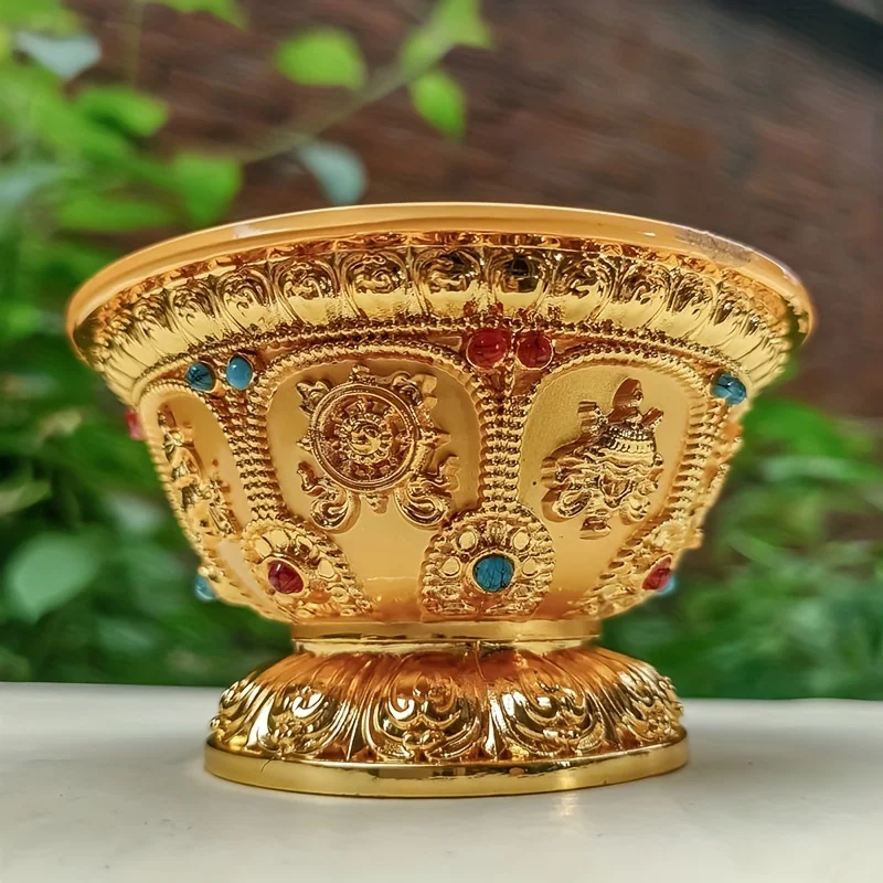 Engraved Gilt Bowl Inlaid Gem Zinc Alloy Auspicious Tibetan Tribute Holy Water Cup Buddhist 9.2 cm Bowl Home\'s Gift Altars Deskt