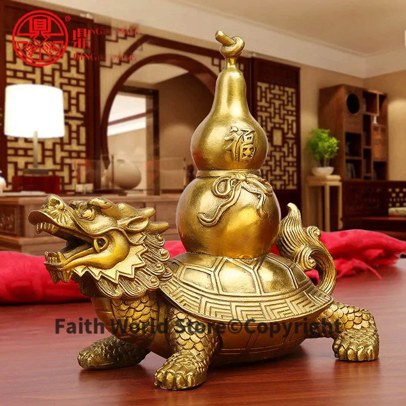 19 CM # # Office home store efficacious Talisman Protection Money Drawing FENG SHUI Dragon Turtle calabash Mascot Brass statue