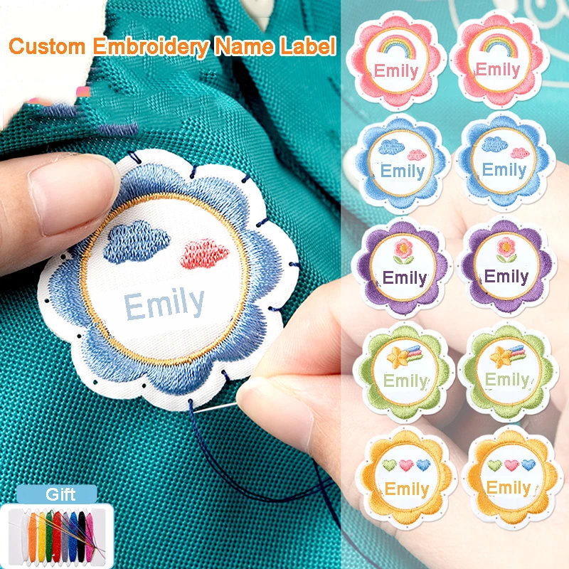 Customized Personal Embroidery Name Sticker Flower Shape Cotton Label For Children School Uniform Bag Sewing On Clothing Tags