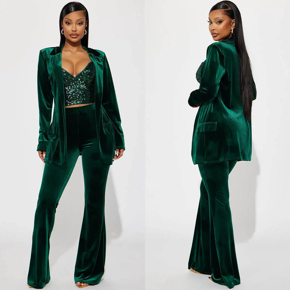 Green Velvet Women Pants Suits Birthday Party Guest Formal Wear Jacket Blazer 2 Pieces Custom Made