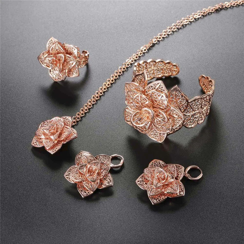 U7 Hollow Out petals 3D Flower Jewelry Set for Woman Dangle Earring Ring Necklace 3pcs/set Party Anniversary Jewelry