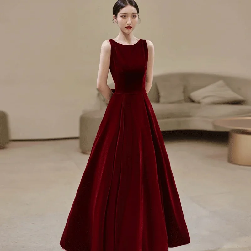 Evening Dresses red silk minimalism velet gown Wine Party L0731