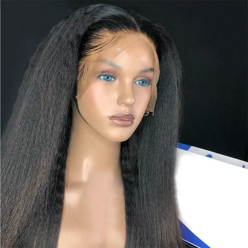 

Soft Natural Black 26Inch Long 180Density Yaki Kinky Straight Deep Lace Front Wig For Women Babyhair Glueless Preplucked Daily