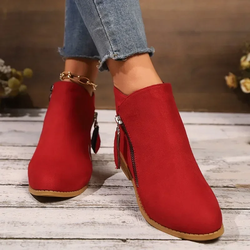 Botas puntiagudas con cremallera para mujer, botines cómodos y suaves de tacón bajo, zapatos de gamuza para diario, gran oferta, Otoño, 2024