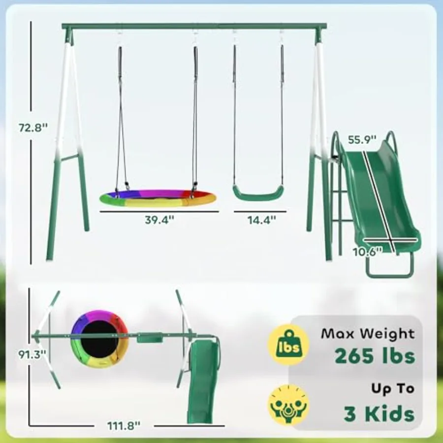 مجموعة أرجوحة الفناء الخلفي ذات حامل معدني شديد التحمل من Aframe مع مقعد قابل للتعديل وأرجوحة صحن مجموعة لعب خارجية منزلق مقاس 5 بوصات #3
