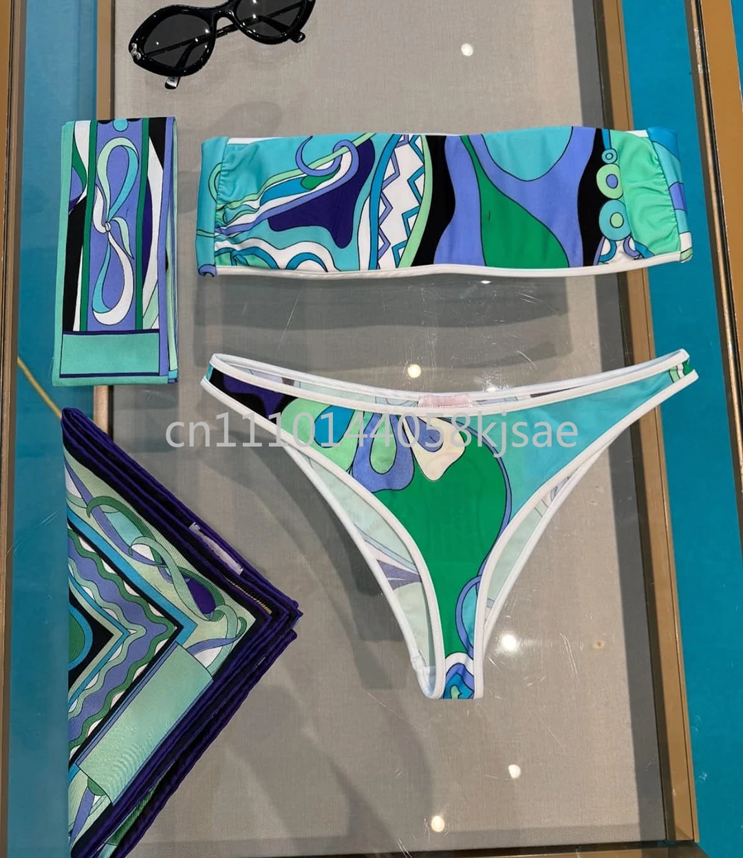 

Luxury Design Women's Blue Scarf Strapless Swimsuits with Letter Signature Logo Designer Brand Lady Scarf Bikini Sets Beachwear