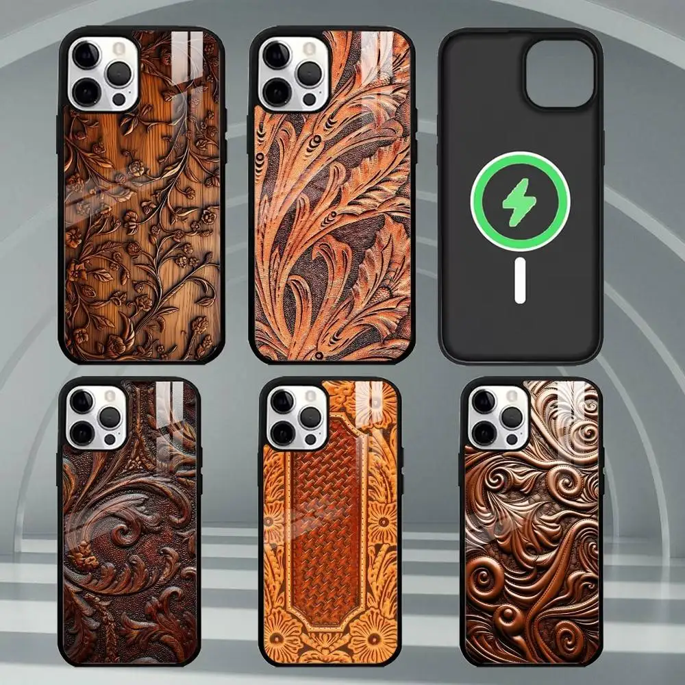 

B-Brown Hand Tooled Western Phone Case For iPhone17,16,15,14,13,12,11 Plus,Pro Max Magnetic For Magsafe Wireless Charging