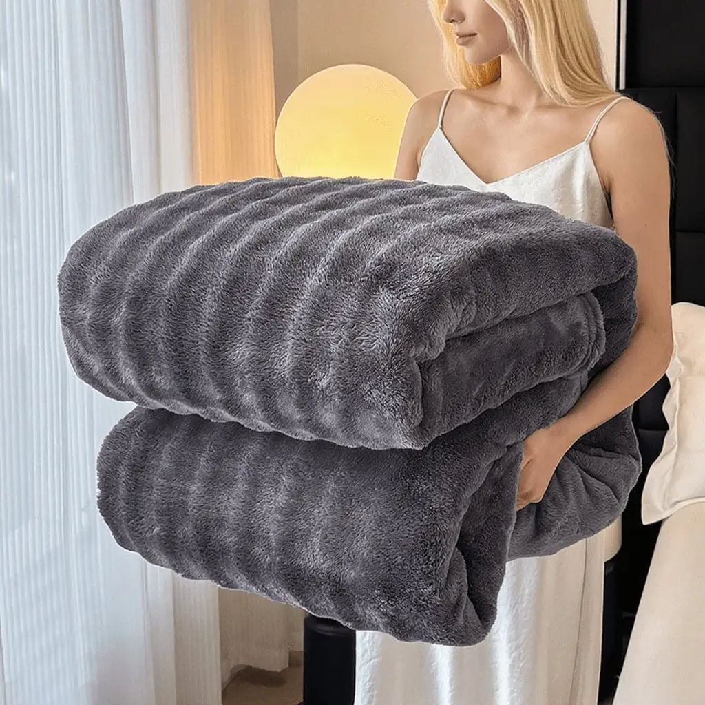 3D Ribbed Flannel Double Sided Throw Blanket, Double Faux Rabbit Fur, Warm Fluffy All Season Plush Blanket, Office Camping Nap Air Conditioner Blanket, Great Gift